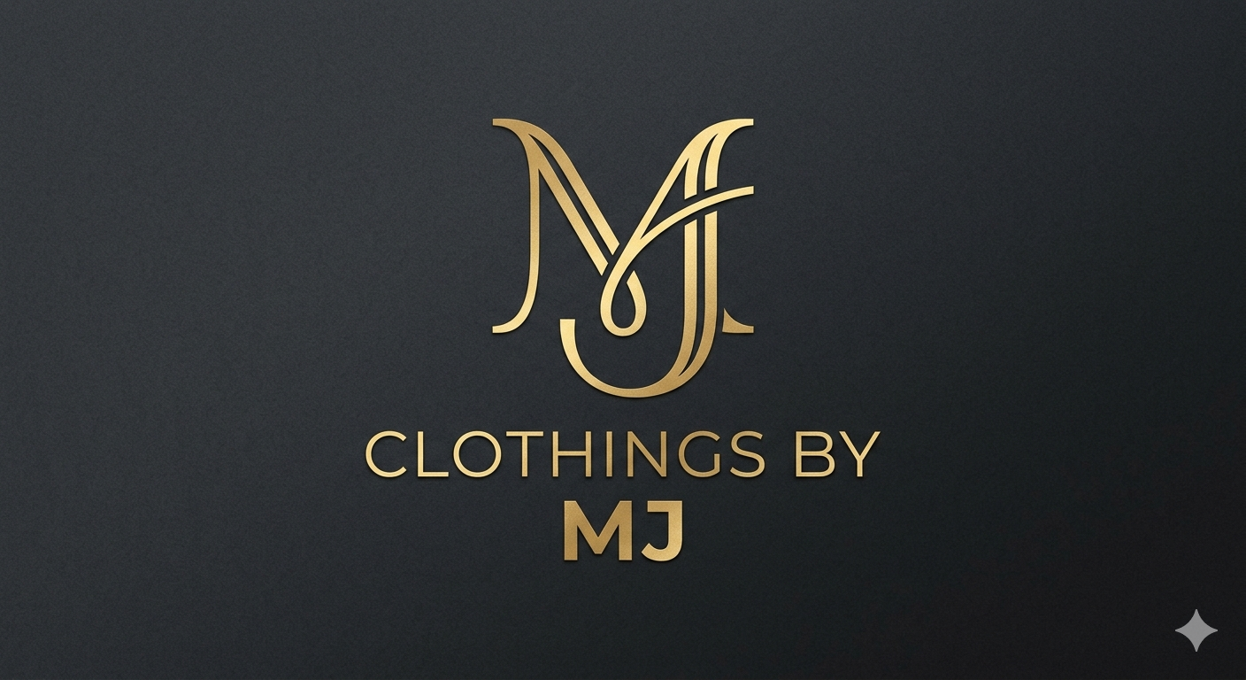 Elegant gold monogram of "MJ" above "CLOTHINGS BY MJ" on a dark textured background. Elegant and professional.